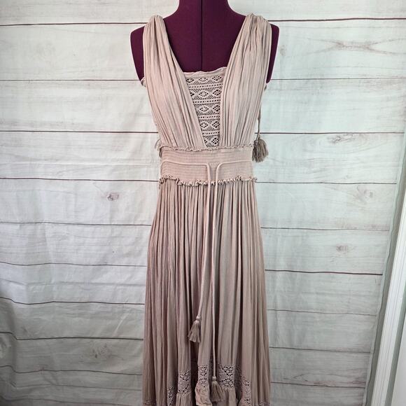 Free People Dress Womens Large Mauve Boho Maxi Lace Crochet Ruffle Smocked - Picture 3 of 14